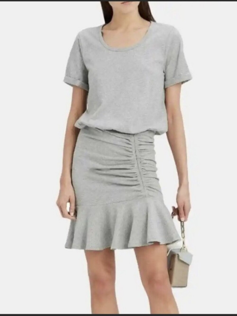 Veronica Beard Ruched T shirt dress S Gray flounced hem Pima Cotton